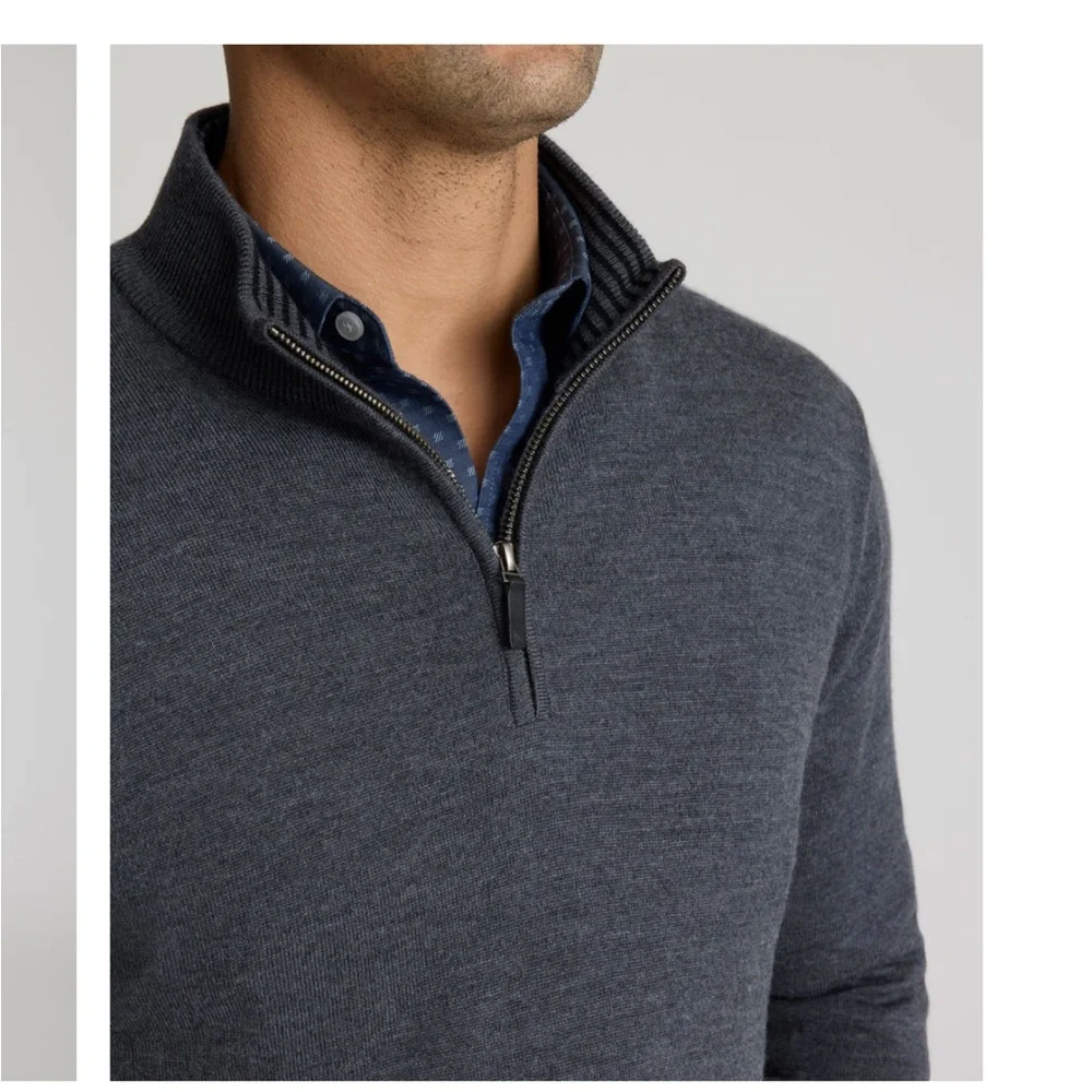 Untuckit Sweater Mens 100% Extra Fine Merino Wool Quarter Zip Pullover L Grey